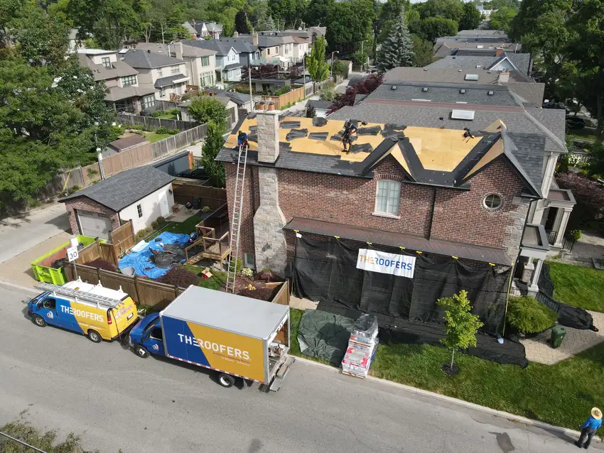 Aerial view of a finished roof replacement